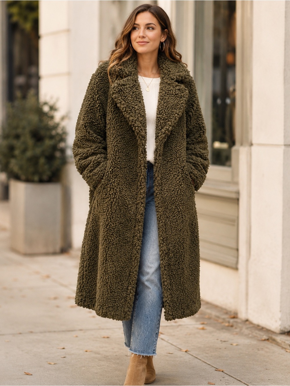 Lucky Brand Olive Green Long Teddy Sherpa Coat Small S Faux Shearling Boho new